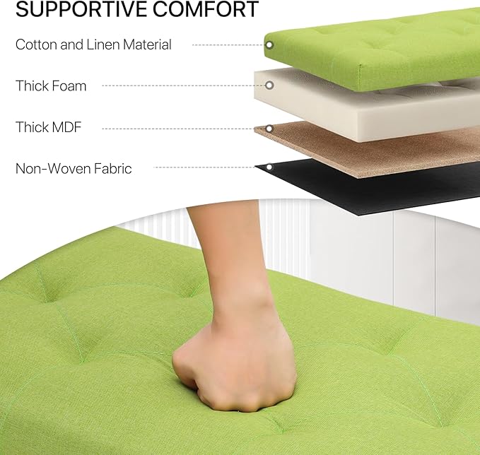 MoNiBloom 42 Inch Long Bench with Storage, Modern 40L Inner Space Green Linen Foot Stool for Bedroom, Upholstered Padded Rectangular Fabric Tufted Bench Footrest with Wood Legs with 660 Lbs Capacity-Ruum Studio Home