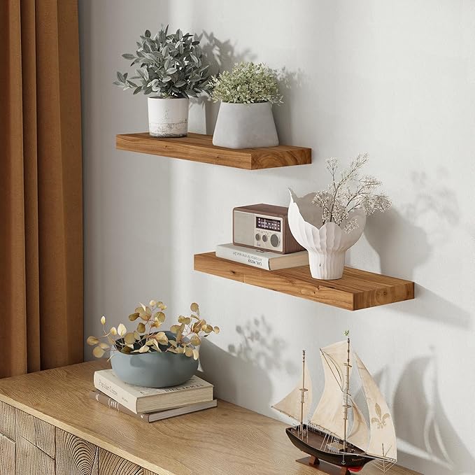 Wood Floating Shelves for Wall, 24" Floating Shelves Wall Mounted, Rustic Old Elm Wood Shelf for Home Decor, Heavy-Duty Storage Shelves for Books, Bathroom, Kitchen, Natural Color, Set of 2-Ruum Studio Home
