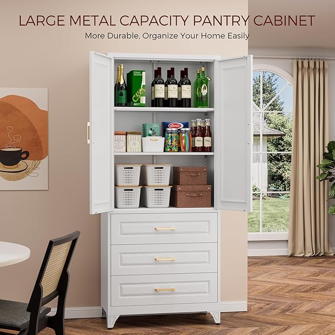 75" Kitchen Pantry Cabinet, Metal Storage Cabinets with Doors and Adjustable Shelves, White Tall Pantry Cabinet with 3 Drawers for Dinning Living Room-Ruum Studio Home