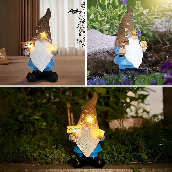 Solar Garden Gnomes Decor Outdoor Statue - Gnome Welcome Sign with LED Waterproof Sculptures Lights, Gnome Pond/Yard Statues Outside Decoration, Home, Lawn, Patio, Resin Ornament, Gardening Gift-Ruum Studio Home