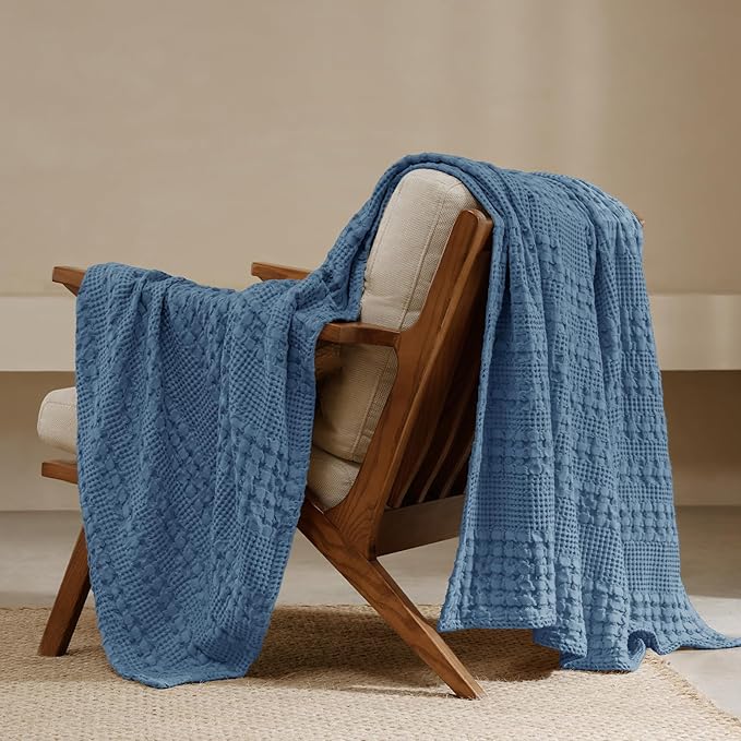 PHF 100% Cotton Waffle Weave Throw Blanket, Soft Lightweight Breathable Cozy Summer Throws for Couch Bed Sofa, Luxury Aesthetic Woven Blanket for Home Decor & Office, 50"x60", Captain's Blue-Ruum Studio Home
