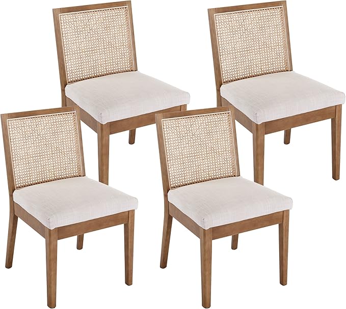 VESCASA Upholstered Dining Chairs with Square Rattan Back, Armless Padded Linen Cushion Dining Chairs with Wood Legs for Dining Room, Kitchen, Set of 4, Natural Frame-Ruum Studio Home