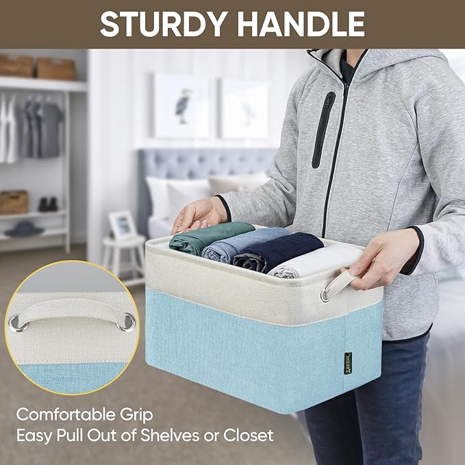 BALEINE 2 Pack Fabric Storage Bins for Shelves, Linen Storage Baskets for Organizing, Decorative Closet Bins for Clothes, Home (Skyblue, 15''x11''x9.5'')-Ruum Studio Home