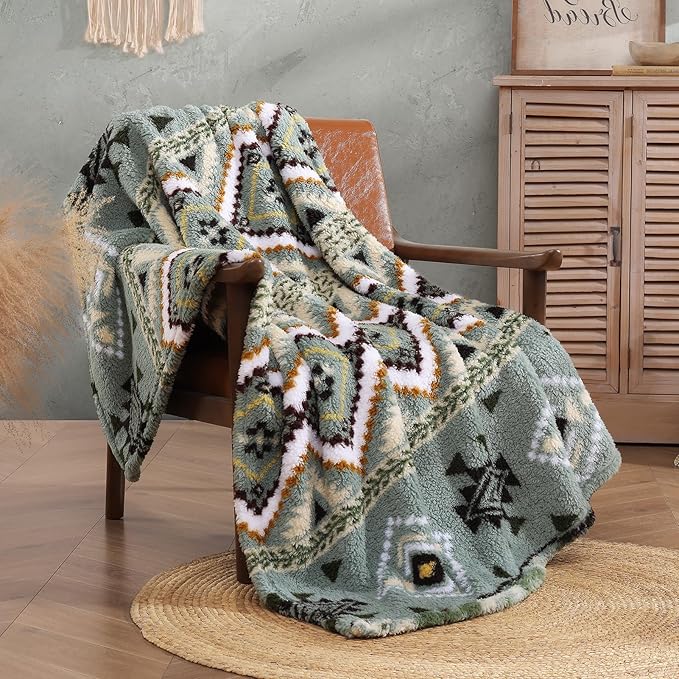 CASAAGUSTO Boho Sherpa Throw Blanket, Aztec Throw Blanket,Ultra Soft, Warm, Cozy, Plush, Thick Fleece Blanket for Couch, Bed, Sofa (Olive Green 50 * 60 Inch)-Ruum Studio Home