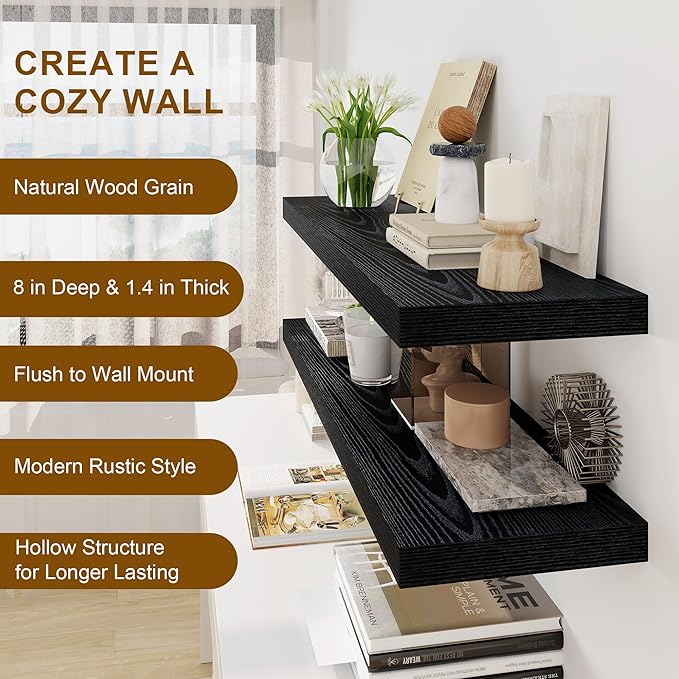 30 Inch Floating Shelves, Rustic Floating Wall Shelves 8 Inch Deep, 30 x 8 Floating Shelves for Home Decor, Deep Display & Storage Shelves for Kitchen, Bathroom, Living Room, Black Color, Set of 2-Ruum Studio Home
