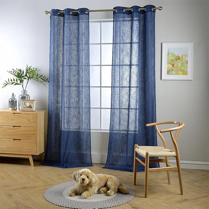 MIUCO Semi Sheer Curtains Poly Linen Textured Solid Grommet Curtains 63 Inches Long for Bedroom 2 Panels (2 x 37 Wide x 63" Long) Navy Blue-Ruum Studio Home
