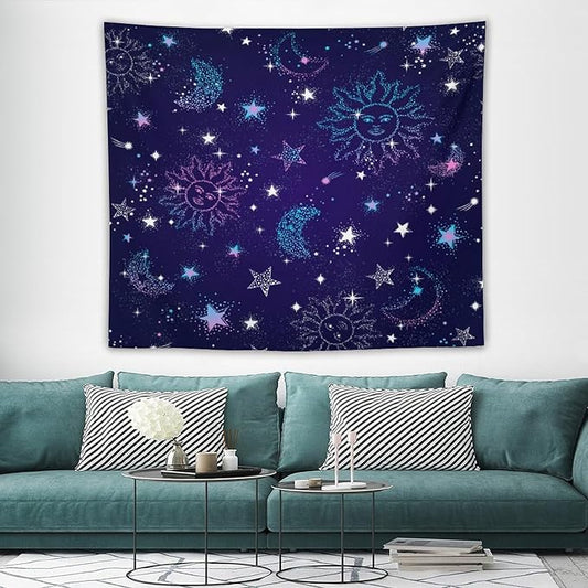 HZOHNAGO Boho Sun Moon Tapestry Purple Blue Sun Stars Galaxy Pattern Printed Wall Tapestry Wall Hanging for Bedroom Living Room Dorm 60" W x 50" H-Ruum Studio Home