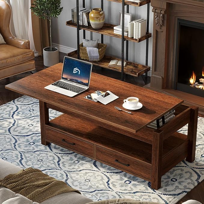 Rolanstar Coffee Table, 47.2" Lift Top Coffee Table with Drawers and Hidden Compartment, Retro Central Table with Wooden Lift Tabletop, for Living Room,Espresso-Ruum Studio Home
