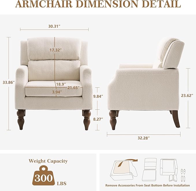 Kidol & Shellder White Oversized Accent Chair for Living Room Set of 2 Modern Reading Chair with Back Wide Upholstered Comfy Single Sofa Chair for Bedroom Lounge Side Corner Fabric Armchair-Ruum Studio Home