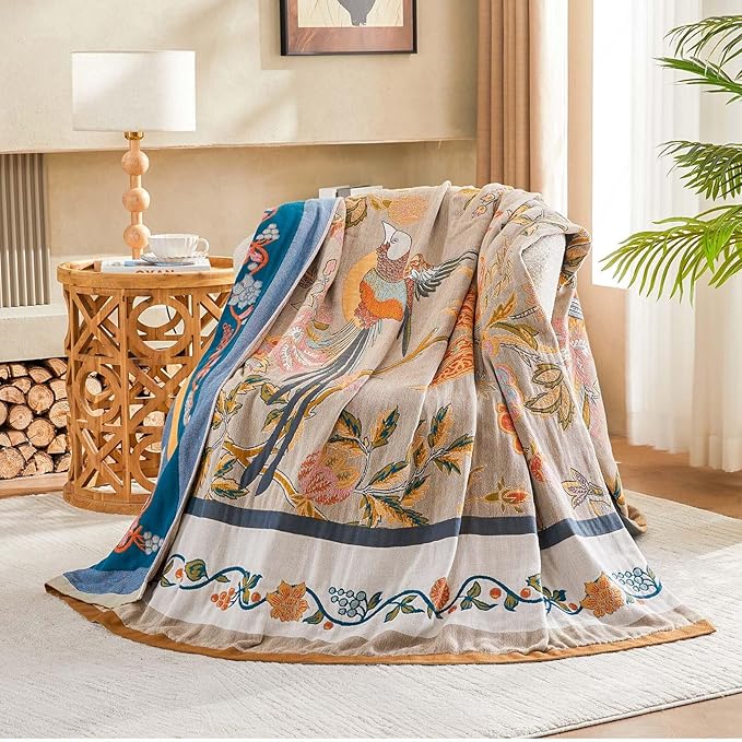 Boho Blanket, 100% Cotton Farmhouse Decorative Throw Blanket, 60"x80" Reversible Bohemian Throw Blanket, Brown All Season Muslin Breathable Woven Blankets Quilt-Ruum Studio Home