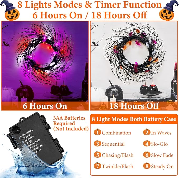 7 Ft 63 LED Halloween Willow Vine Twig Garland with 8 Modes Timer Orange Purple White Lights,7 Pumpkin Bat Ghost, Garland with Battery Operated for Wall Fireplace Halloween Decorations-Ruum Studio Home