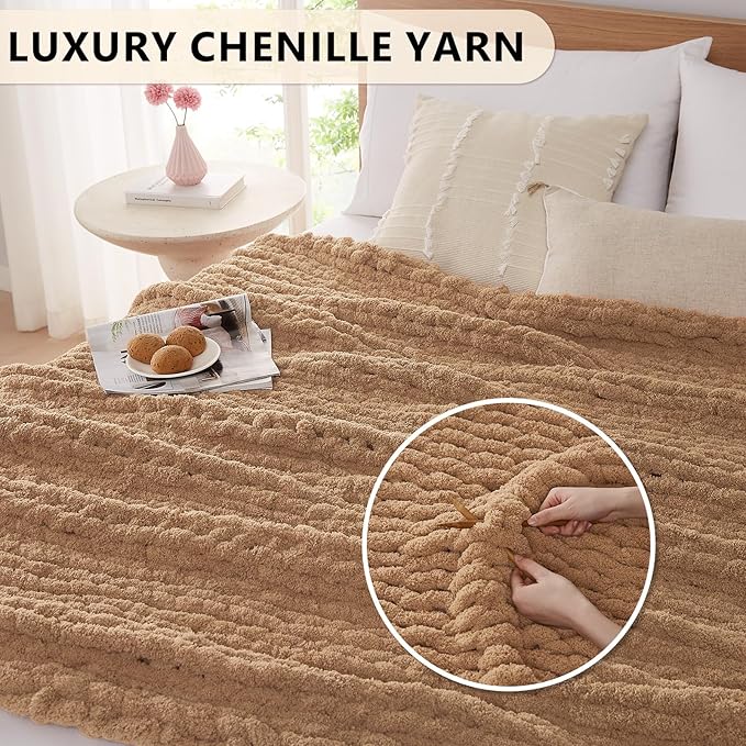 L'AGRATY Chunky Knit Blanket Throw: 50''x60'' Chenille Chunky Knitted Throw Blanket for Bed Couch - Handmade Thick Big Cable Knit Blanket - Large Crochet Rope Blanket for Home Decor(Tan)-Ruum Studio Home