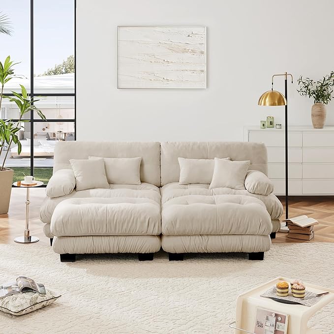 Loveseat Modular Sectional Sofa, U Shaped Couch with Ottoman, Cloud Couch Sectional Couch Home Sofa Living Room Oversized Couch Deep Seat Couch with Round Bolster Armrests 4 Pillows-Ruum Studio Home