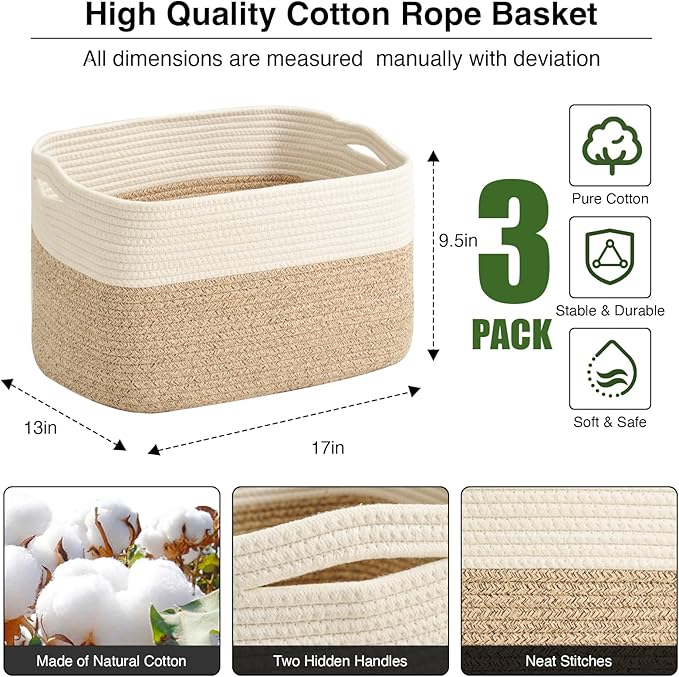 Large Storage Baskets for Organizing Shelves, Woven Cotton Rope Bins for Baby Nursery Organization, Book Toy Towel Organizer, 17"x13"x9.5", 3 Packs, Off White & Brown-Ruum Studio Home