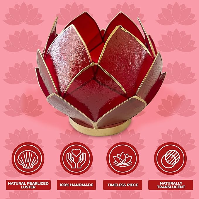 Blooming Lotus Capiz Shell Tealight Candle Holder, Handcrafted Decorative Tea Light Candleholder with Translucent Flower Petals for Ambient Illumination and Natural Elegance, Red-Ruum Studio Home