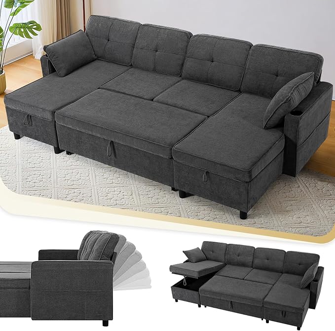 110 Inches Chenille Sectional Sofa w/Adjustable Back & Pull Out Sofa Bed, Tufted U Shaped Couch w/Two Storage Chaises, Sleeper Sectional Sofa w/USB Port & Cup Holders for Living Room, Grey-Ruum Studio Home