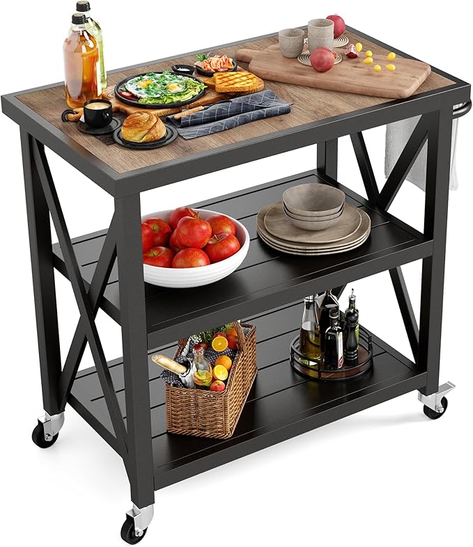 PHI VILLA Outdoor Grill Table, Elegant Grill Cart with Ceramic Wood Grain Table Top, Serving Cart with Shelves, Patio Grilling Backyard BBQ Grill Cart, Black-Ruum Studio Home