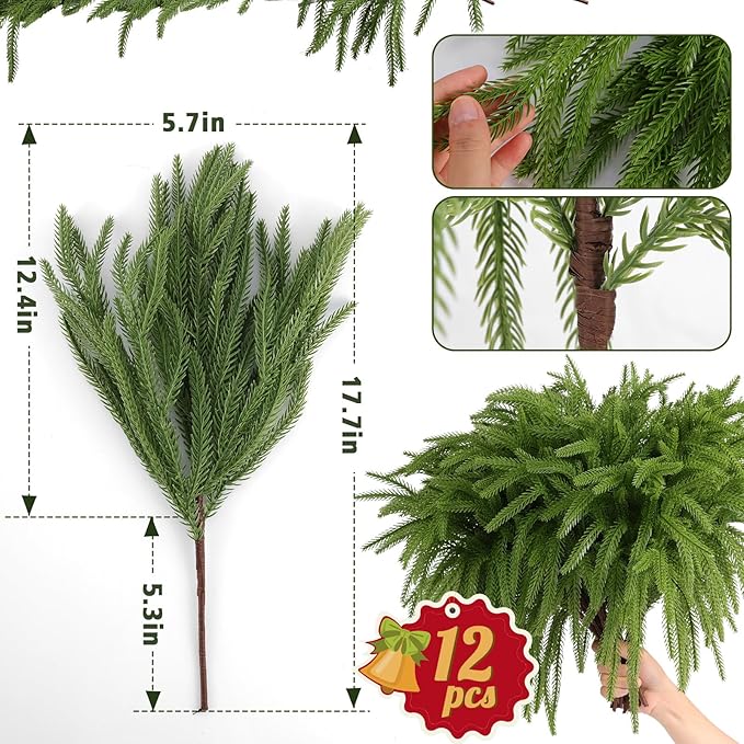 24 Pcs Artificial Norfolk Pine Branches, Faux Norfolk Pine Stems DIY Crafts Faux Christmas Norfolk Pine Branches for Xmas Indoor Outdoor Home Decor (24)-Ruum Studio Home