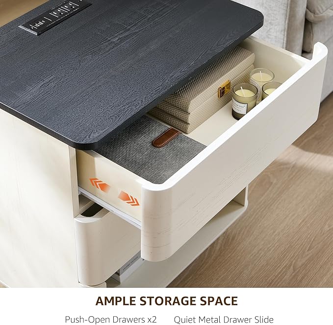 Nightstand with Charging Station, 22" Push-to-Open Bedside Table with 2 Storage Drawers, Large Modern End Table for Bedroom,Living Room,White-Ruum Studio Home