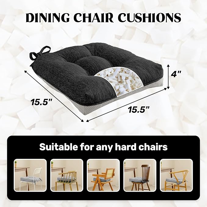 puredown® Chair Cushions for Dining Chairs, Tufted Memory Foam Chair Pads with Non-Slip Backing, Kitchen Seat Cushions with Ties, Washable Seat Pad Set of 4, 15.5" x 15.5" x 4", Black-Ruum Studio Home