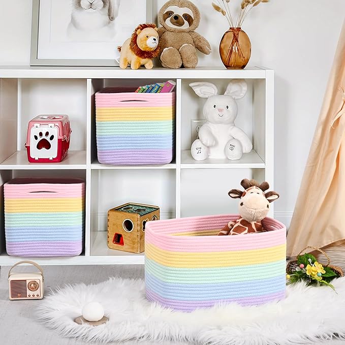 Shelf Baskets for Organizing, Woven Storage Basket for Shelves，Cotton Rope Storage Bins for Toys Books, Nursery Towel Baskets for Classroom, 14.96"X9.8"X8.85", 3-Pack Pastel Rainbow-Ruum Studio Home