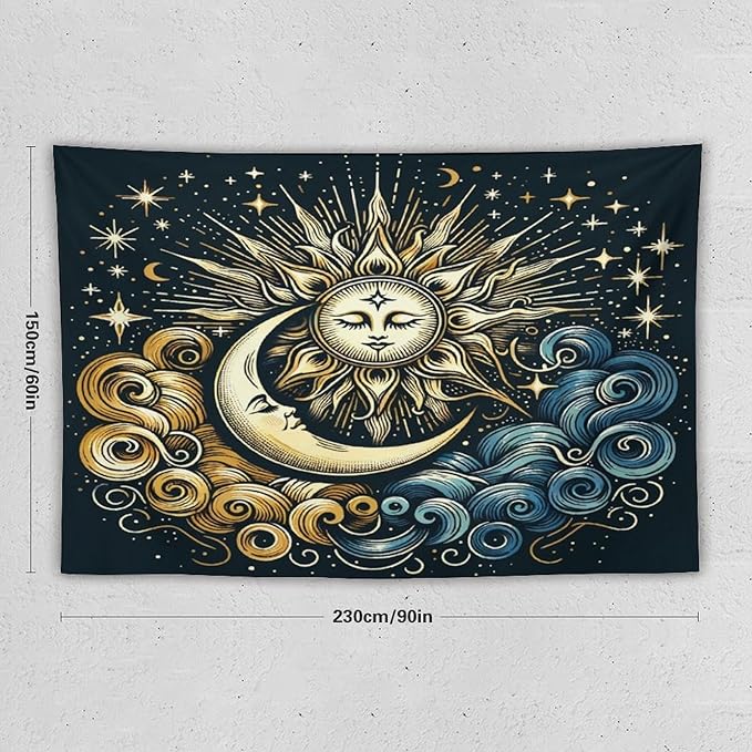 HZOHNAGO Sun Moon Tapestry Boho Golden Stars Pattern Printed Wall Tapestry Wall Hanging for Bedroom Living Room Dorm 90" W x 60" H-Ruum Studio Home