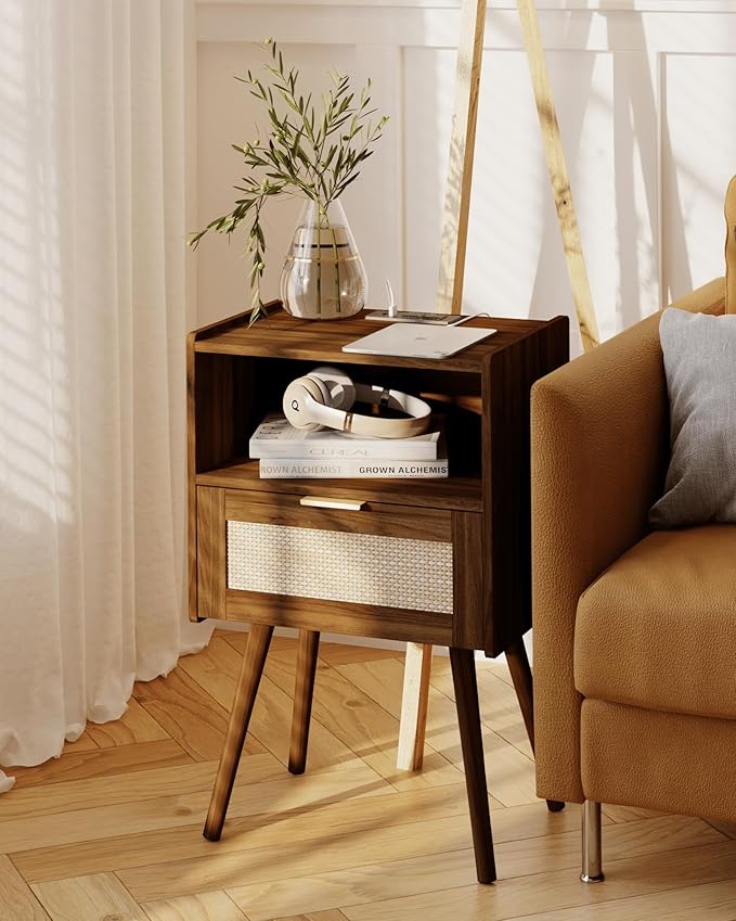Rattan Nightstand with Outlet,Modern Bedside Table with Storage Drawer and Open Wood Shelf, for Living Room, Bedroom and Small Spaces, Accent Night Stand with Solid Wood Legs,Walnut Brown-Ruum Studio Home