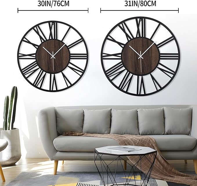 LEIKE 32" Oversized Large Wall Clocks,Silent,Non Ticking,Battery Operated Modern Round Big Wood Decorative Metal Wall Clock for Living Room, Bedroom,Kitchen,Farmhouse,Office Decor - Black,32 Inch-Ruum Studio Home