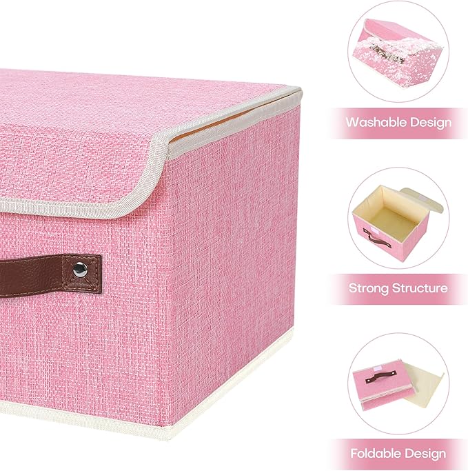 ANMINY 2PCS Storage Bins with Lid PU Leather Handles Storage Boxes PP Plastic Board Decorative Foldable Lidded Cotton Linen Fabric Home Cubes Baskets Closet Organizer Containers - Pink, Small Size-Ruum Studio Home