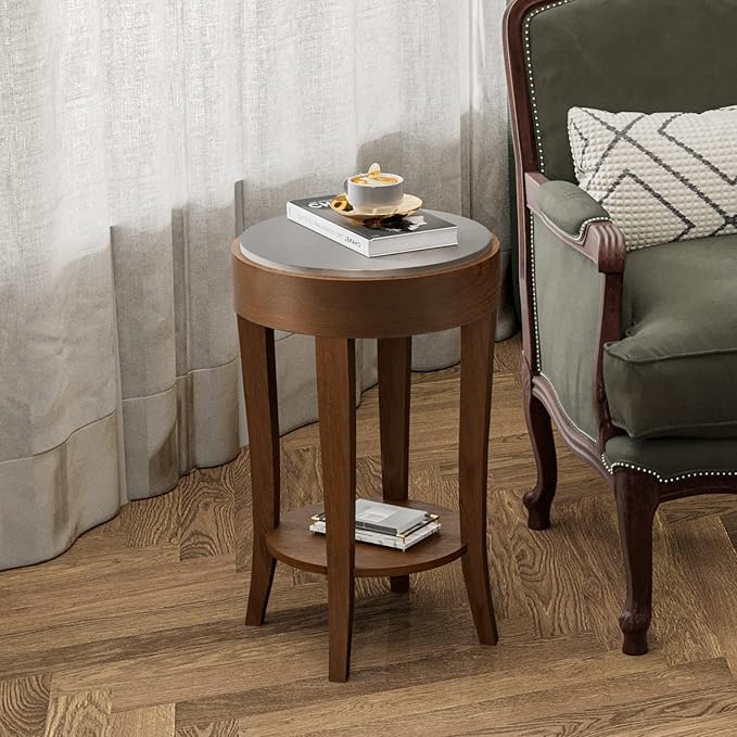 COSIEST Round End Table, 2-Tier Classic Brown Side Table, Farmhouse Wood Accent Table with Storage Shelf for Living Room, Bedroom, Office, Distressed Glaze Finish-Ruum Studio Home