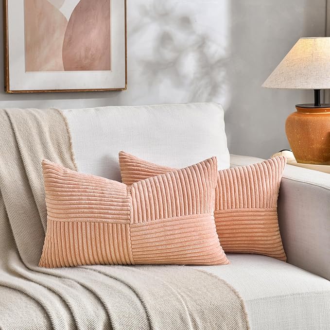 Fancy Homi 2 Packs Peach Long Lumbar Decorative Throw Pillow Covers 12x24 Inch for Couch Bed Sofa, Rustic Farmhouse Boho Home Decor, Soft Striped Corduroy Rectangle Accent Cushion Case 30x60 cm-Ruum Studio Home