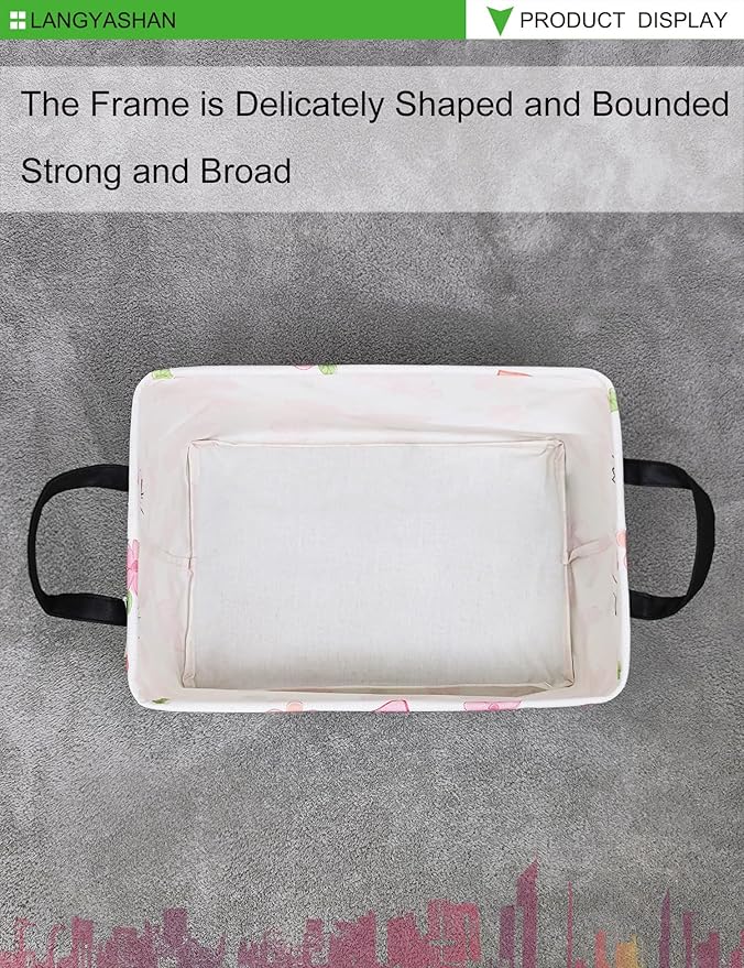LANGYASHAN Rectangular Storage Bin Collapse Canvas Fabric Cartoon Storage Basket with Handles for Organizing Home Kitchen Boys and Girls Toys Office Closet Shelf Baskets (Rec Pink Butterfly)-Ruum Studio Home