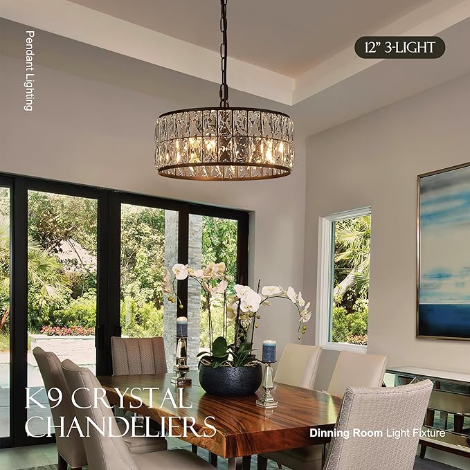 12” 3-Light Modern Crystal Chandeliers Black Dinning Room Light Fixture, Round Pendant Light Kitchen Island Chandelier, Flush Mount Ceiling Light for Living Room Entryway Bedroom Foyer-Ruum Studio Home