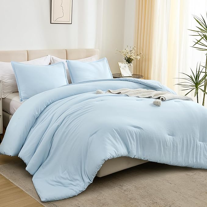 Litanika Comforters Light Blue Queen Size, 3 Pieces Lightweight Solid Bedding Comforter Set, All Season Fluffy Bed Set (90x90In Comforter & 2 Pillowcases)-Ruum Studio Home