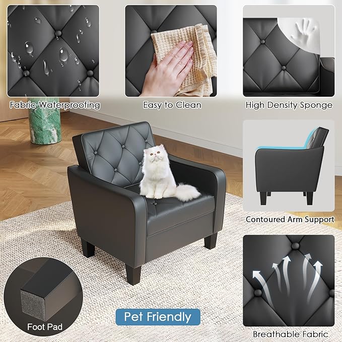 STHOUYN Living Room Chairs Black Leather Accent Chairs Set of 2, Waiting Room Arm Chairs, Reading Chairs for Bedroom Comfy Club Chair Tufted, Office Small Space (2, Black)-Ruum Studio Home