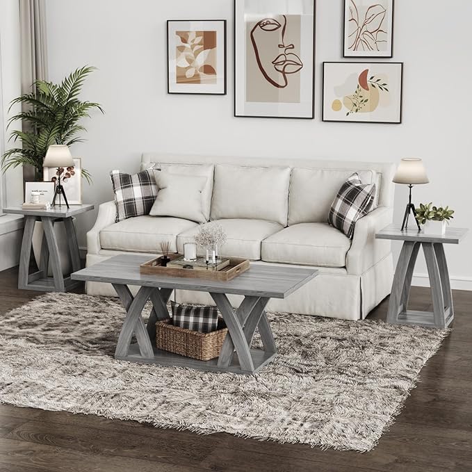 End Tables Living Room, Side Table Beside Sofa, Nightstand for Bedroom, Couch Side Table with Shelf, Modern End Table for Living Room, Grey End Table Set of 2-Ruum Studio Home
