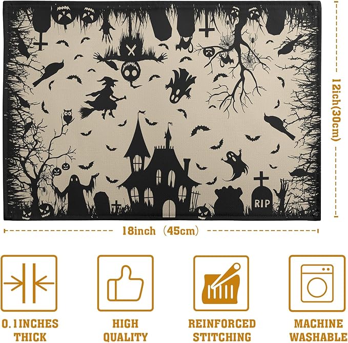 Halloween Placemats 12x18 Inch Set of 4 Black White Witch Castle Ghost Place Mats Spooky Haunted House Bats Tree Crow Table Mat for Party Kitchen Dining Outdoor Indoor Decor-Ruum Studio Home