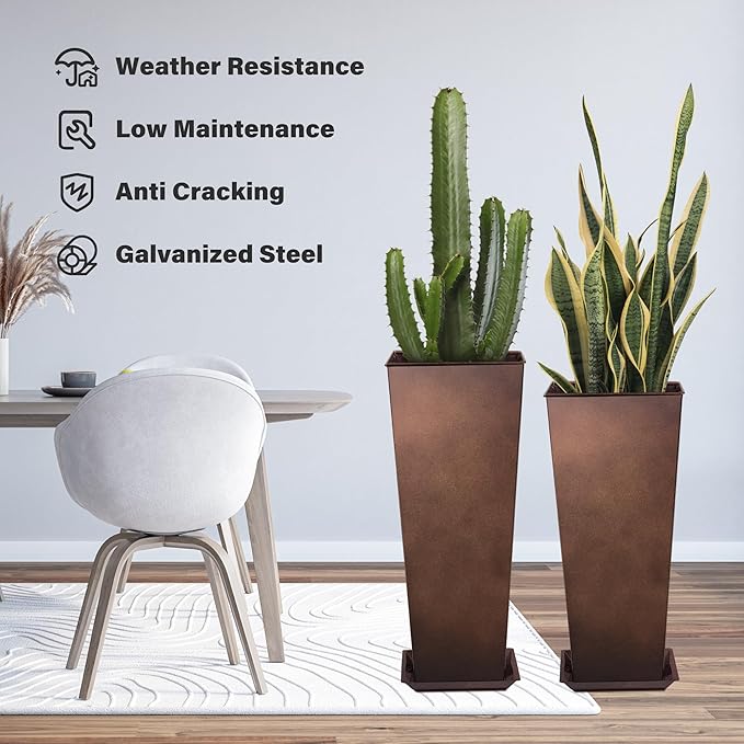 KOL 25'' & 28'' Tall Galvanized Steel Planter with Saucer, Metal Planter Pots for Indoor & Outdoor Use, Decorative Flower Plant Pots with Drainage Hole for Front Porch, Patio, Deck - Rust Color-Ruum Studio Home