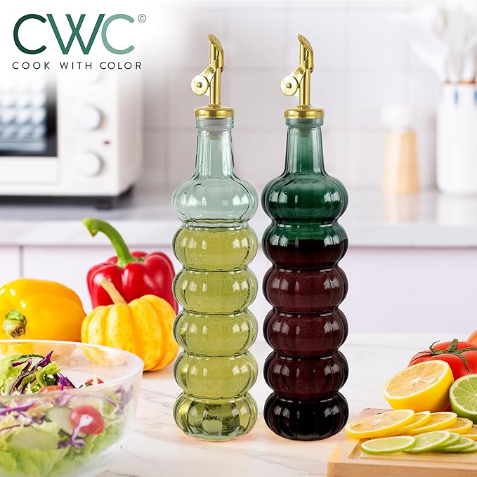 COOK WITH COLOR Glass Olive Oil Bottle Dispenser - 2 Pack- 17oz Oil and Vinegar Cruet - Olive Oil Carafe Decanter for Kitchen-Ruum Studio Home