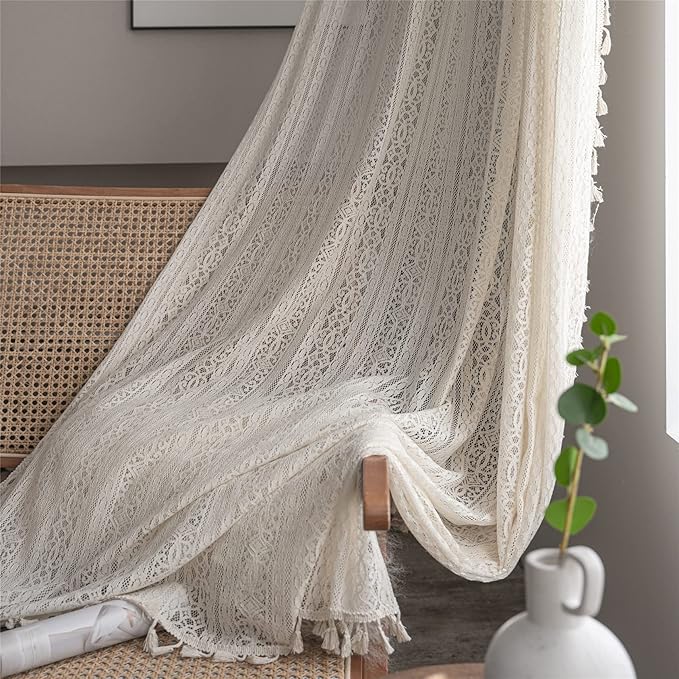 Sutuo Home Boho Curtain Crochet Lace Semi-Sheer Florals Hollow Knitted Handmade Tassels, Rod Pocket Window Treatment Vintage Rustic Farmhouse Drapes for Living Bedroom, 1 Panel 59" W x 96" L, Beige-Ruum Studio Home