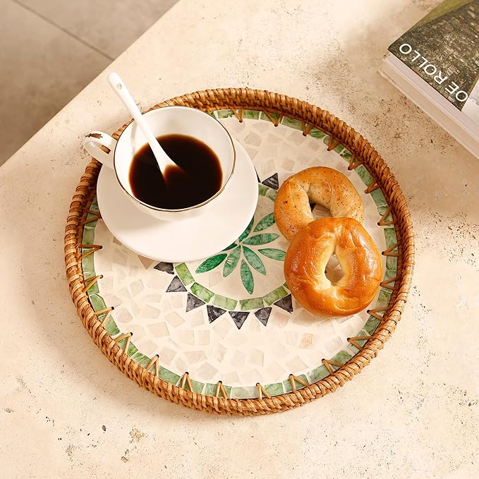 Round Rattan Tray with Mother of Pearl Inlay & Wooden Base - Decorative Wicker Serving Tray for Coffee/Bread/Fruits, Food Storage & Display - Multipurpose Home Decor (M,Bohemia)-Ruum Studio Home
