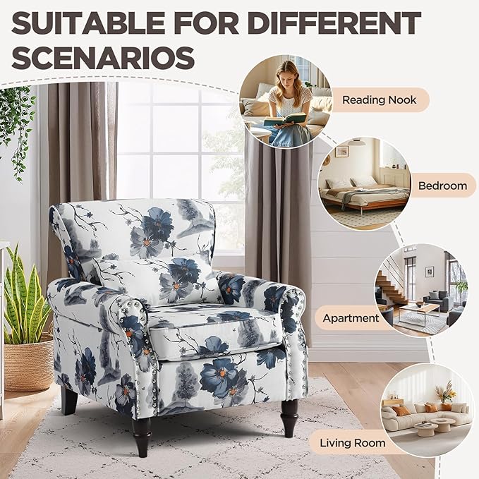 Wingback Accent Chair with Removable Pillow, High Back Floral Armchair with Solid Wood Legs & Nailhead Trim, Comfy Upholstered Reading Single Sofa Chair for Bedroom (1, Ink Blue Pattern)-Ruum Studio Home