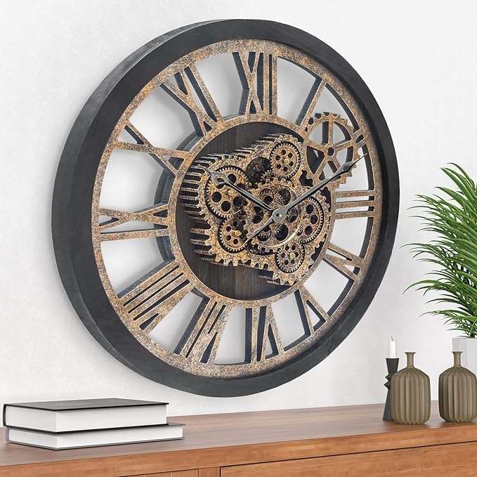 HOIBAI Large Wall Clock, Wall Clocks for Living Room Decor 20 Inch Farmhouse Vintage Rustic Kitchen Wall Decor Vintage Roman Oversized Wall Clock for Home Bedroom House Office, Moving Gears Clock-Ruum Studio Home