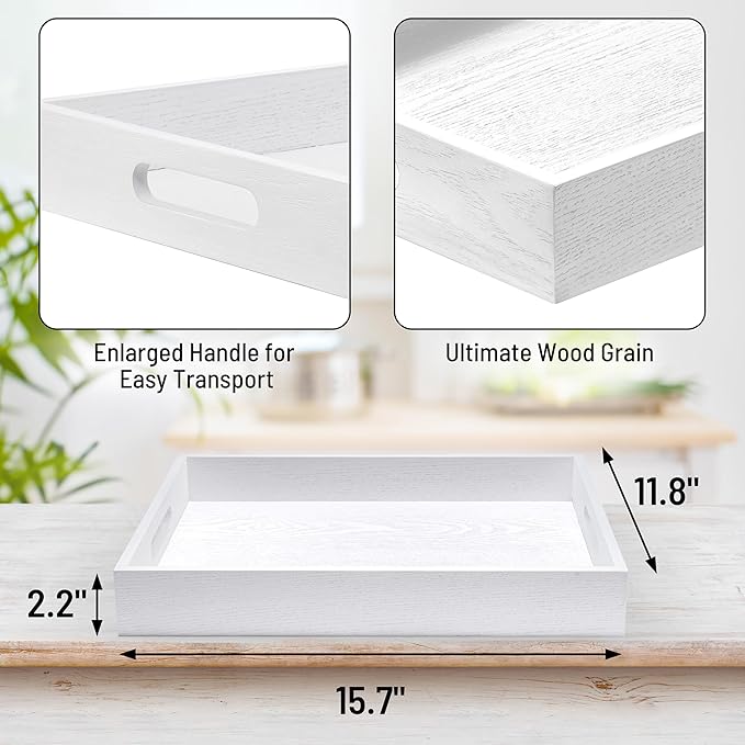 Wood Serving Tray with Handles, Home Decorative Wooden Rectangle Ottoman Decor Platter Vanity Tray for Breakfast Dinner Drinks Kitchen Dining Living Bathroom Restaurants White-Ruum Studio Home