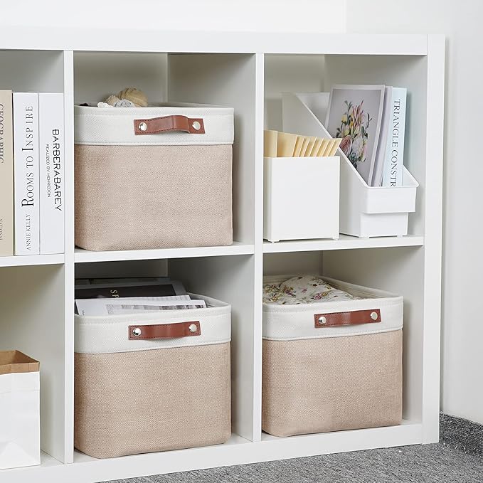 DULLEMELO Fabric Storage Bins, Storage Baskets for Organizing, Collapsible Rectangular Fabric Baskets for Shelves, Empty Gift Baskets (3-Pack Medium-15 inch X 11 inch X 9.5 inch , White&Khaki)-Ruum Studio Home