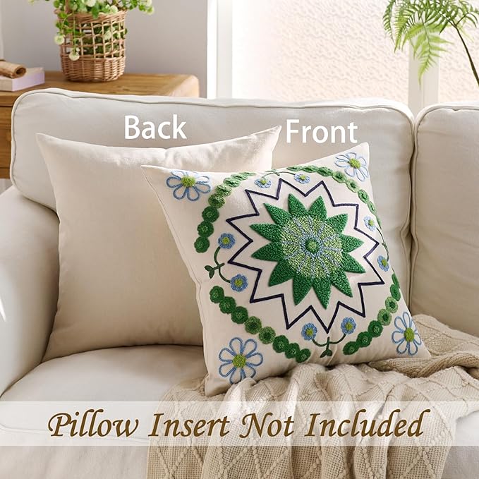 Embroidered Throw Pillow Cover 18x18 Classic Boho Floral Pattern Pillows Cover Outdoor Decorative Pillowcase,Durable Cozy Textured Cushion Case for Sofa Couch Bed Living Room,Green-Ruum Studio Home