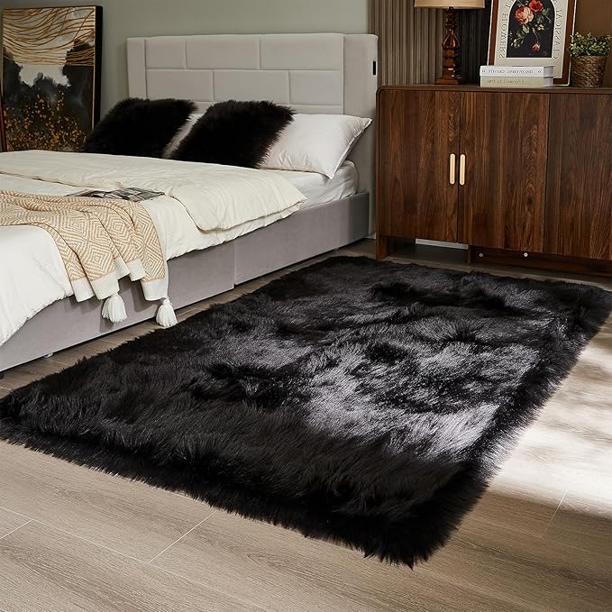 AMTOVO Faux Fur Sheepskin Rug for Living Room, 4 x 6 ft Black Fluffy Area Rug for Bedroom, Playroom, Luxury Room Decor, Rectangle-Ruum Studio Home