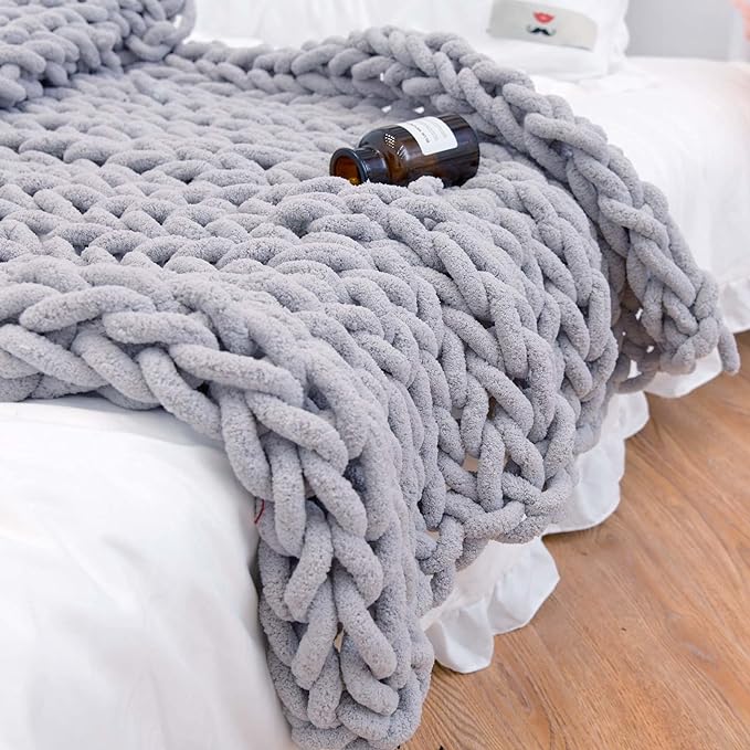 Chunky Knit Blanket Throw 40"×40", Hand Knitted Warm Chenille Throw Blanket, Home Decor Soft Thick Yarn Cable Knit Blanket, Soft Breathable Fleece Banket Christmas for Couch Bed Sofa Best Gift (Gray)-Ruum Studio Home