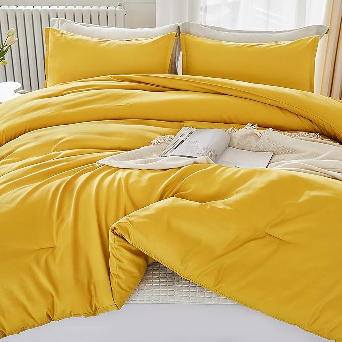 Litanika Mustard Yellow Comforter Set Queen Size, 3 Pieces Lightweight Solid Bedding Comforter Set, All Season Fluffy Bed Set (90x90In Comforter & 2 Pillowcases)-Ruum Studio Home