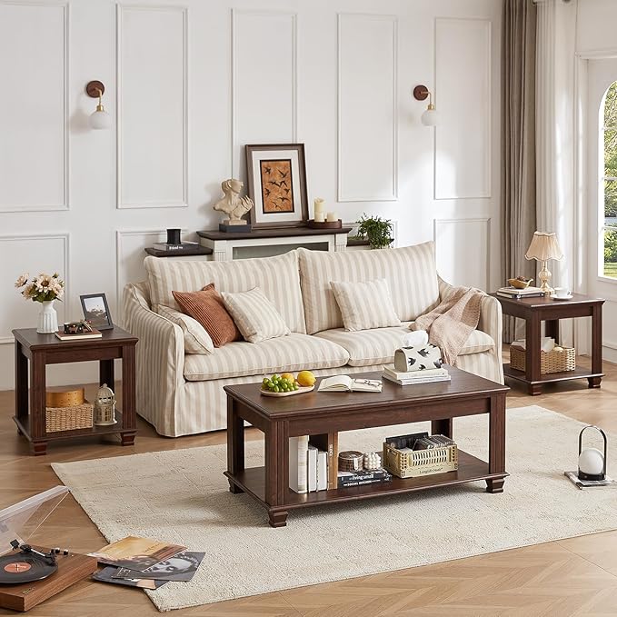 Farmhouse Coffee Tables for Living Room,Square Living Room Tables with Open Storage Shelf,Large Modern Coffee Table,Rustic Brown Center Table,Walnut-Ruum Studio Home